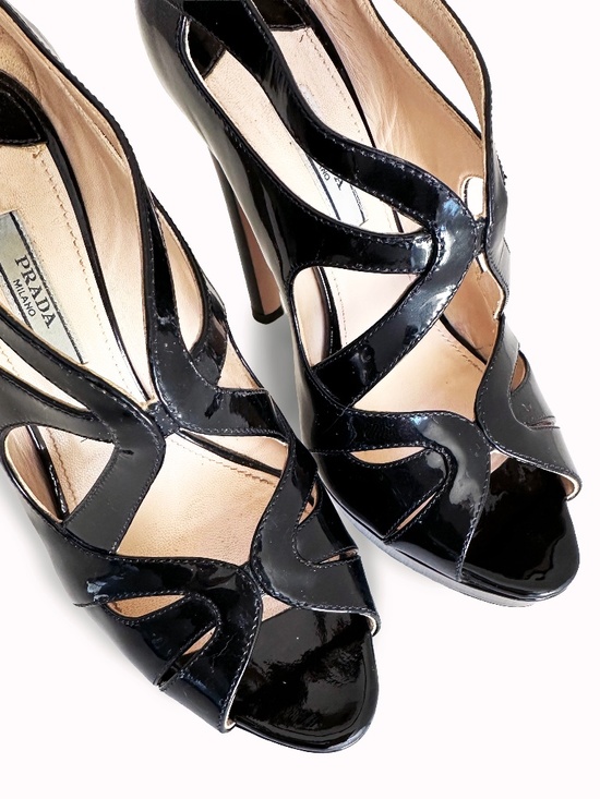 Prada Shoes - Prada Milano Vintage Black Patent Cutout Platform Peep-Toe Heels Size EU 36.5